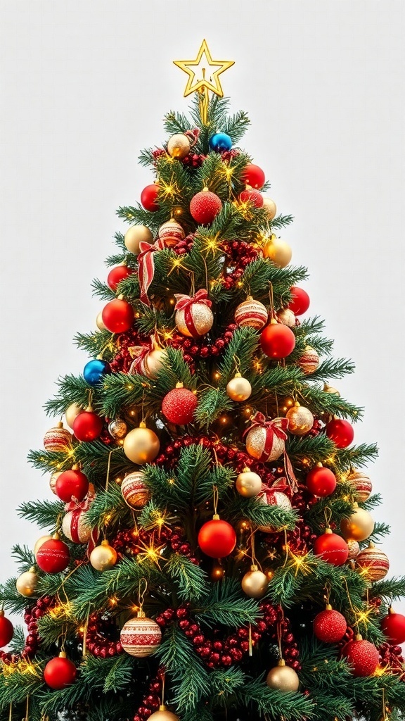 High-resolution PNG image of a decorated Christmas tree with ornaments and lights.